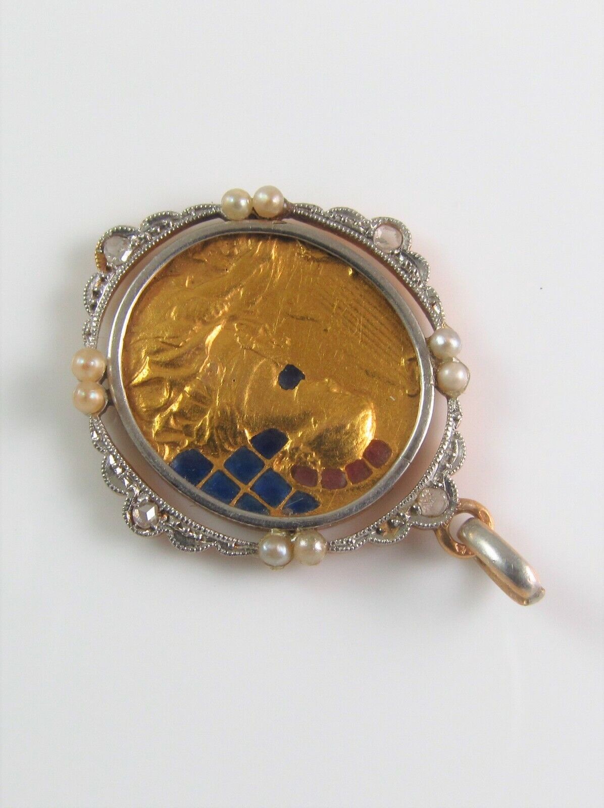 Antique 18K Gold Platinum Plique A Jour Enamel Diamond Pearl St. Cecilia Pendant