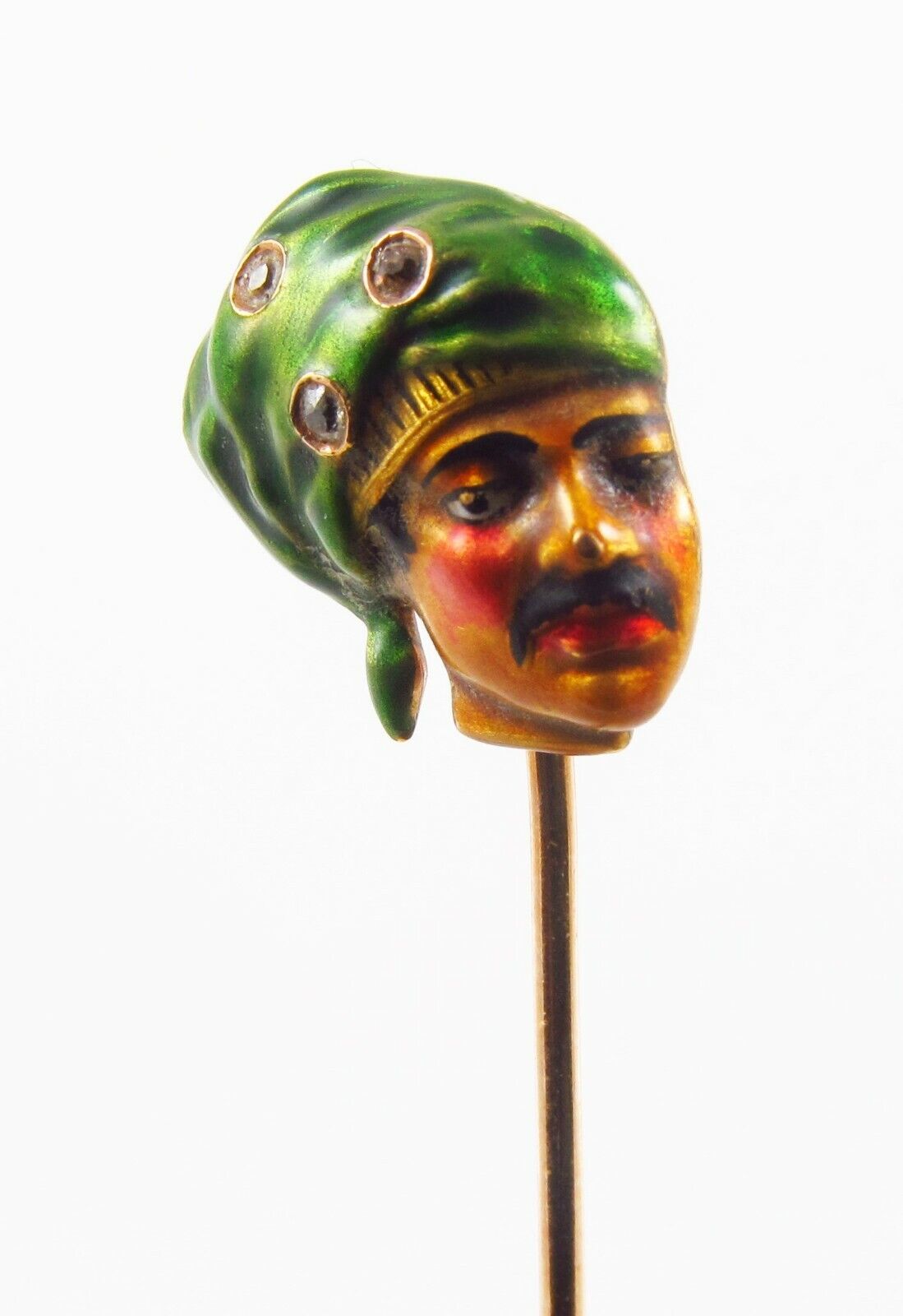 Antique 14k Gold Art Nouveau Polychrome Enamel & Diamond Pirate Stick Pin