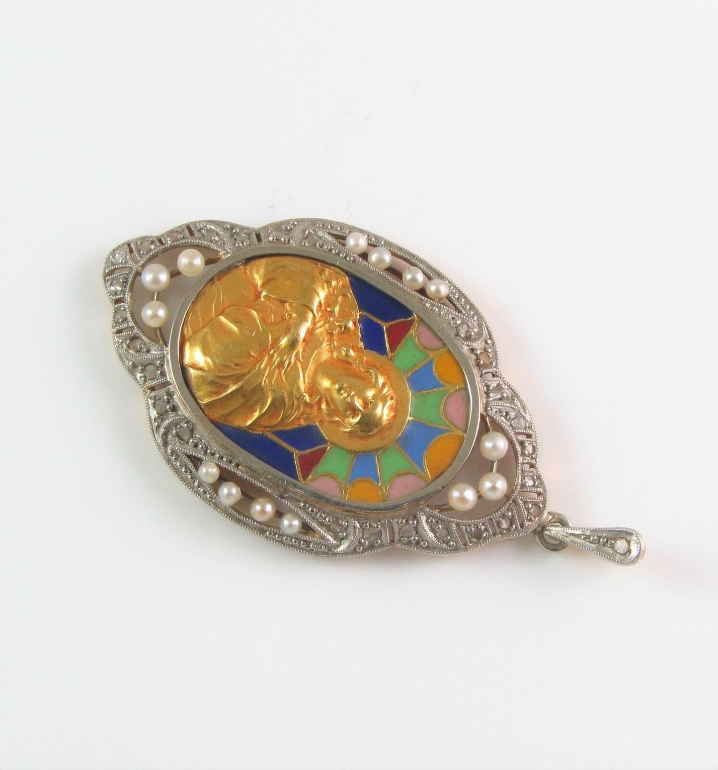Antique 18K Gold & Platinum Enamel Diamond & Pearl Religious Virgin Mary Pendant
