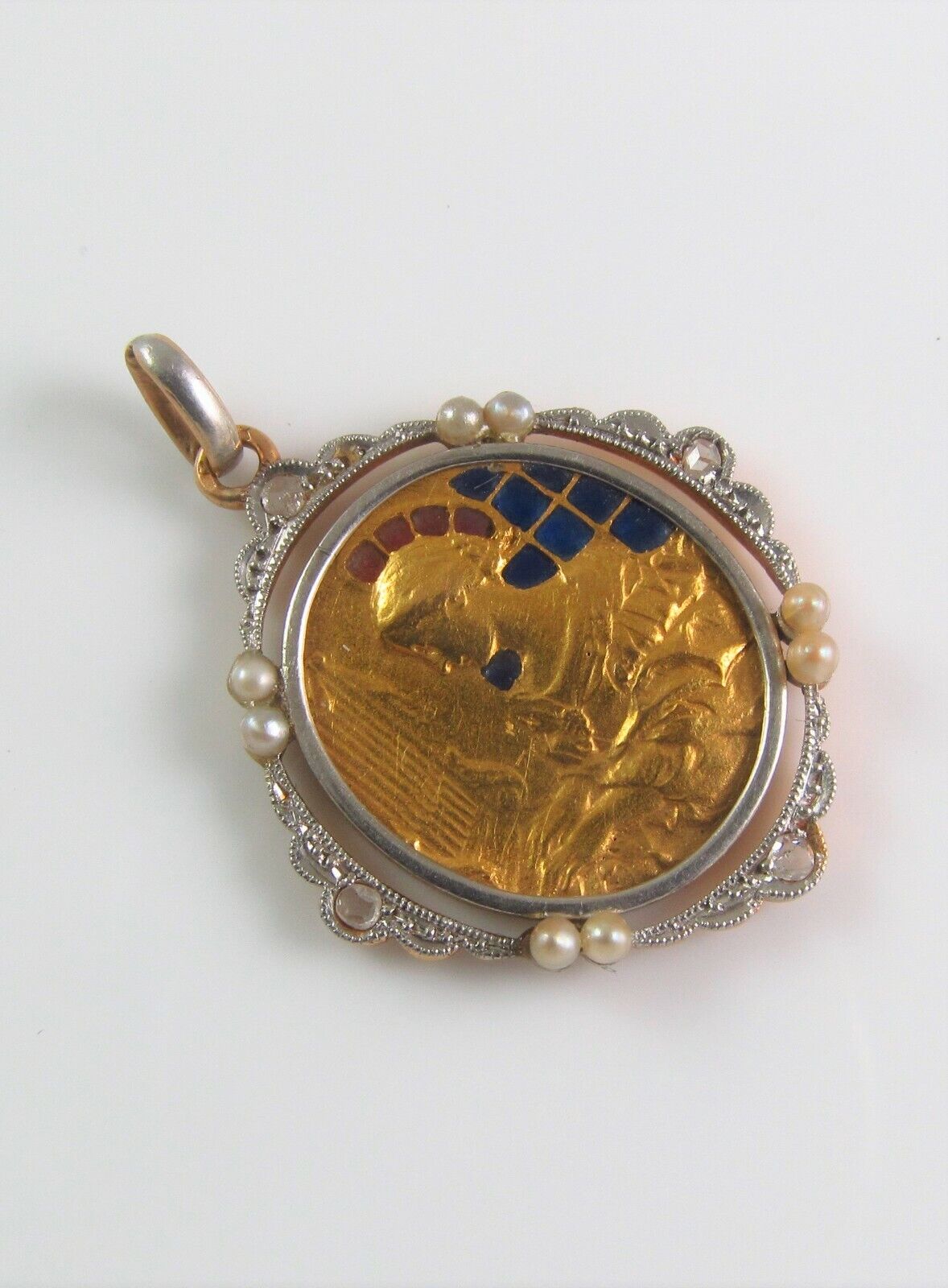 Antique 18K Gold Platinum Plique A Jour Enamel Diamond Pearl St. Cecilia Pendant