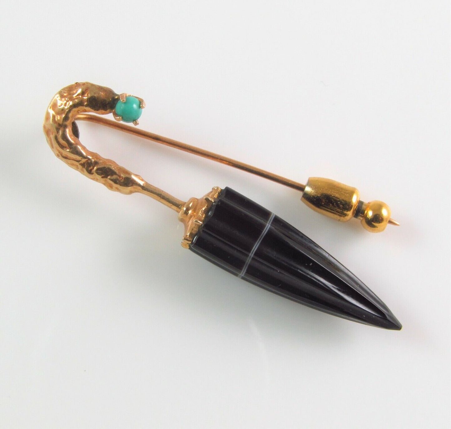 Antique Estate 14k Gold Victorian Carved Onyx Umbrella Stick Pin Lapel Pin