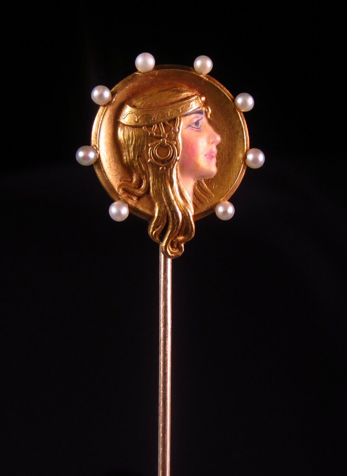Antique Art Nouveau 14K Yellow Gold Pearl Enamel Byzantine Lady Stick Pin