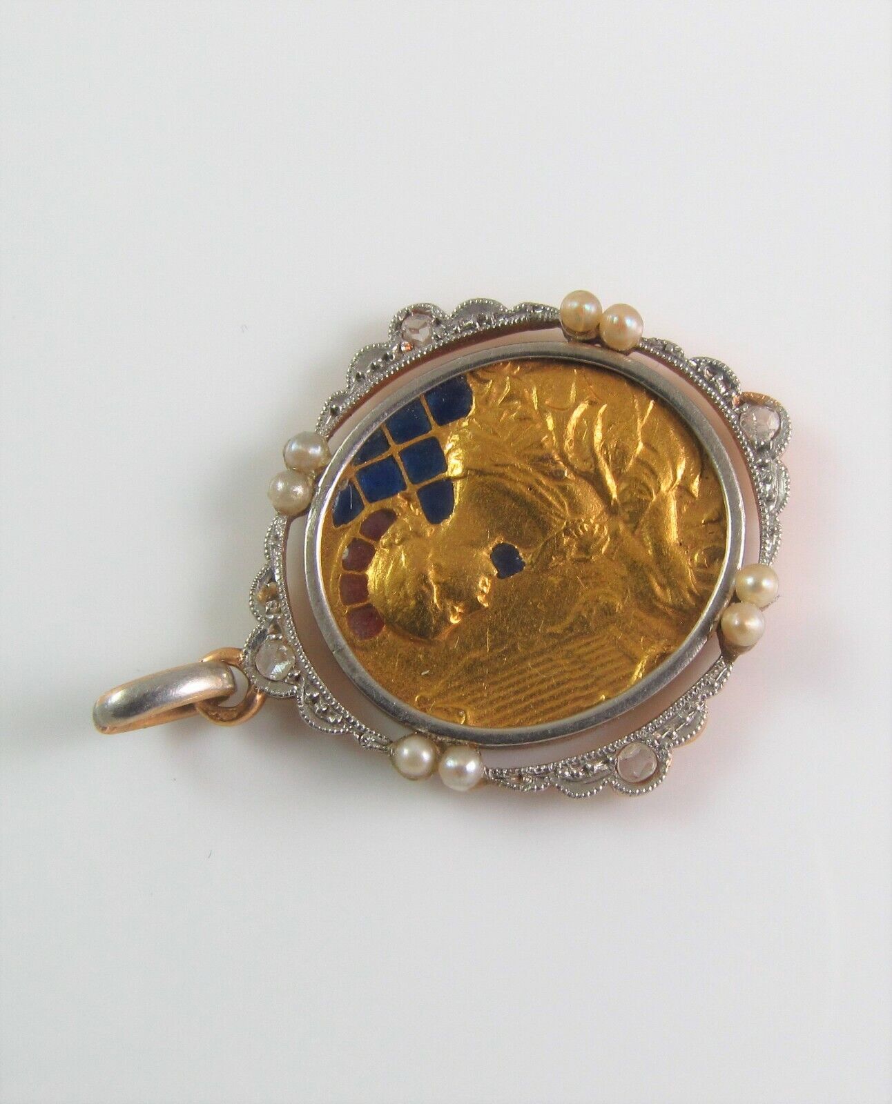 Antique 18K Gold Platinum Plique A Jour Enamel Diamond Pearl St. Cecilia Pendant