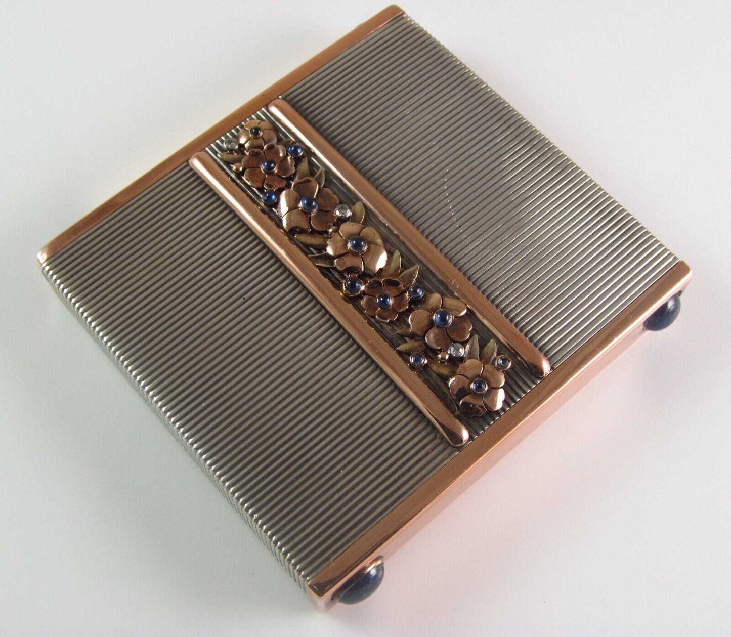 French Art Deco 18K Gold & Silver Sapphire & Diamond Floral Compact By Ostertag