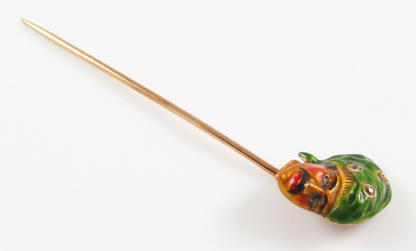 Antique 14k Gold Art Nouveau Polychrome Enamel & Diamond Pirate Stick Pin
