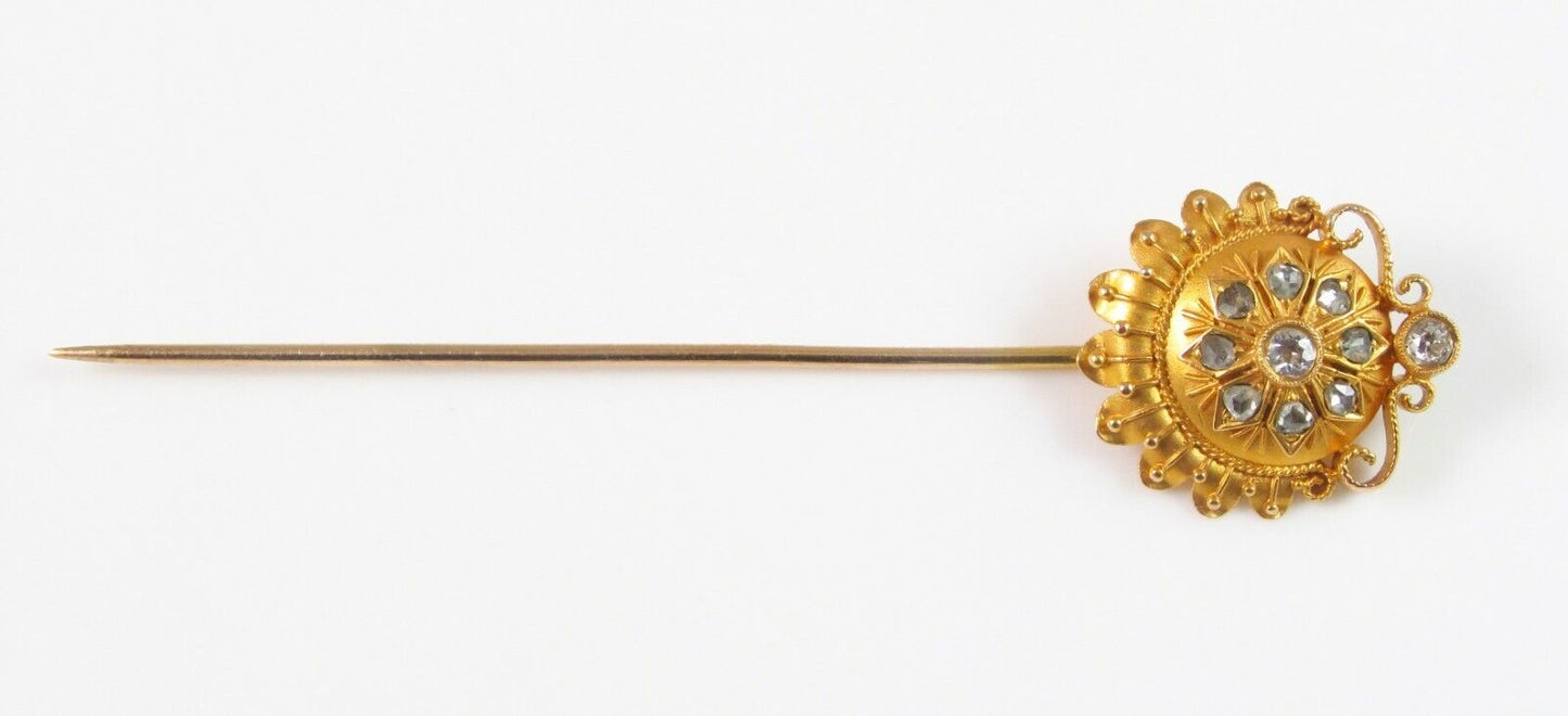 Antique Victorian 18k & 14k Gold & Diamond Etruscan Revival Stick Pin Circa 1870