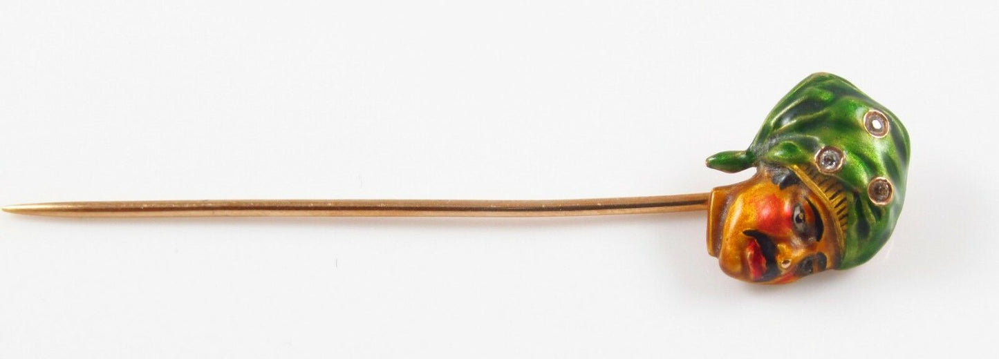 Antique 14k Gold Art Nouveau Polychrome Enamel & Diamond Pirate Stick Pin