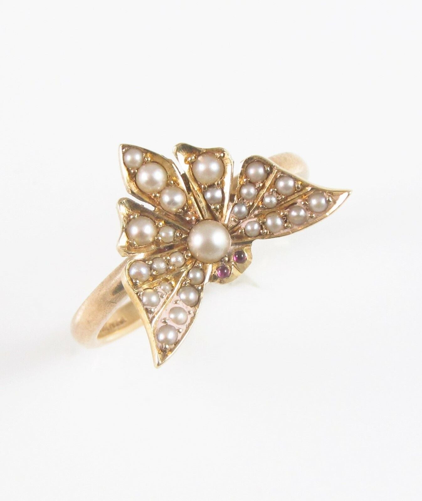 Antique 14k Gold Victorian Ruby Eyed Butterfly Pearl Conversion Ring Size 6.25