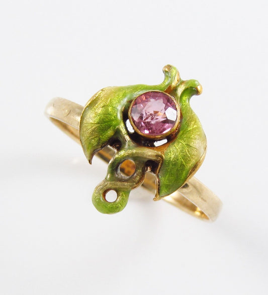 Antique 14k Gold Art Nouveau Green enamel Pink Paste Stone Flower Ring Size 6.75