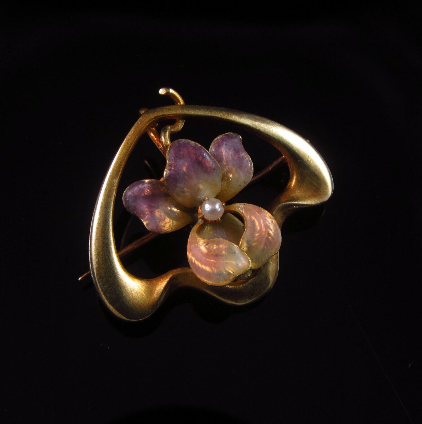 Antique 10k Gold Art Nouveau Enamel & Pearl Iris Flower Brooch Pin
