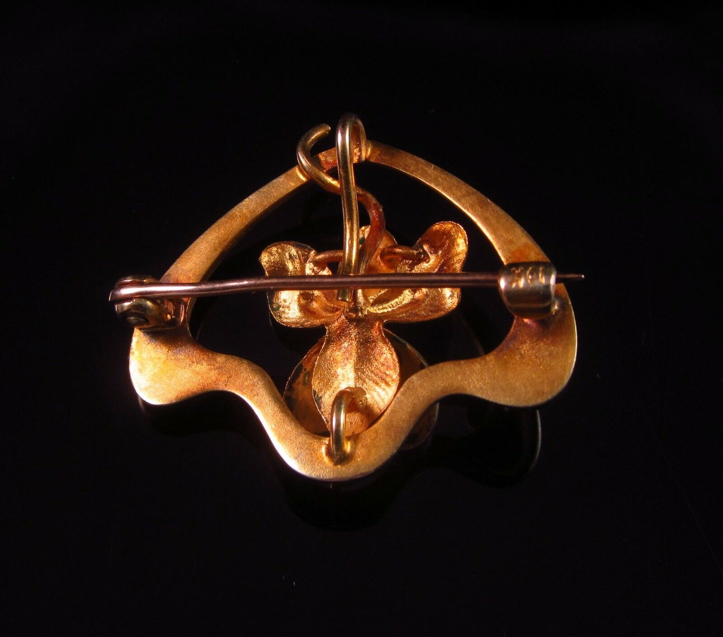 Antique 10k Gold Art Nouveau Enamel & Pearl Iris Flower Brooch Pin