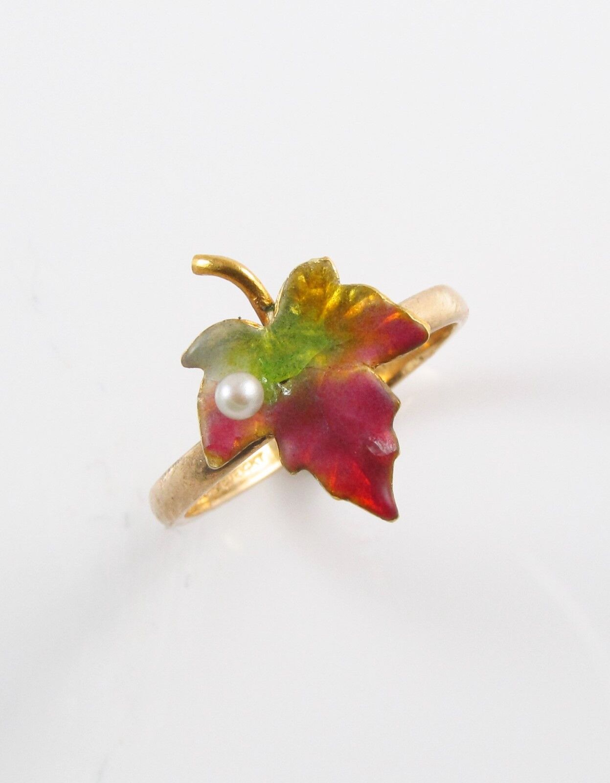 Antique 14k Gold Art Nouveau Victorian Enamel & Pearl Maple Leaf Ring Size 4.5