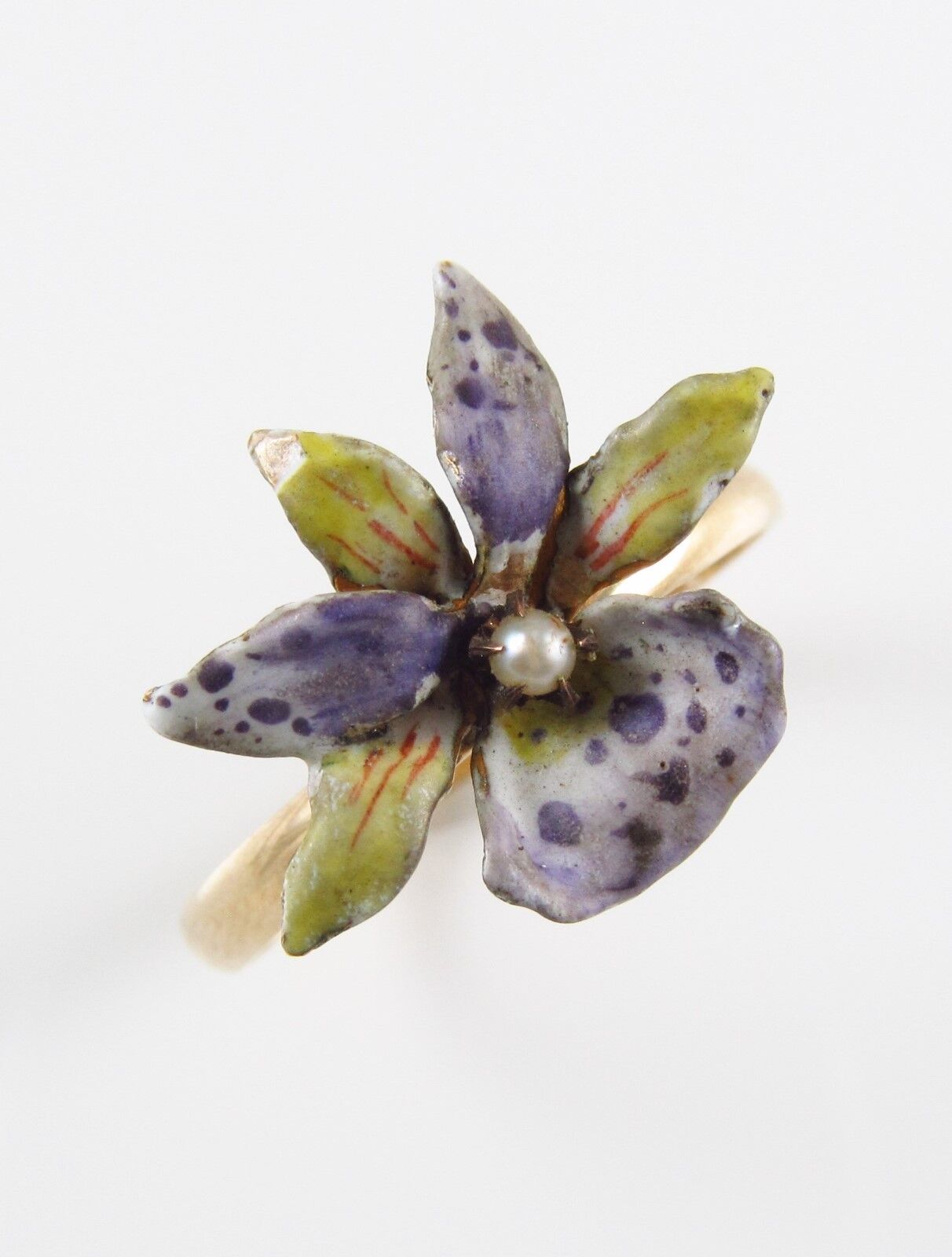 Antique 10k Gold Art Nouveau Enamel & Pearl Blooming Lily Flower Ring Size 7.5