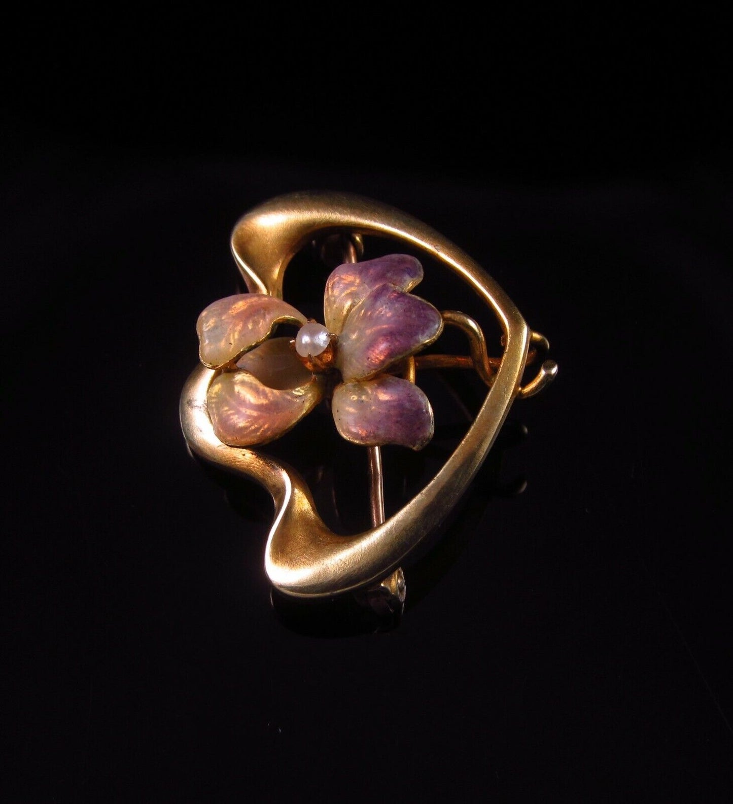 Antique 10k Gold Art Nouveau Enamel & Pearl Iris Flower Brooch Pin
