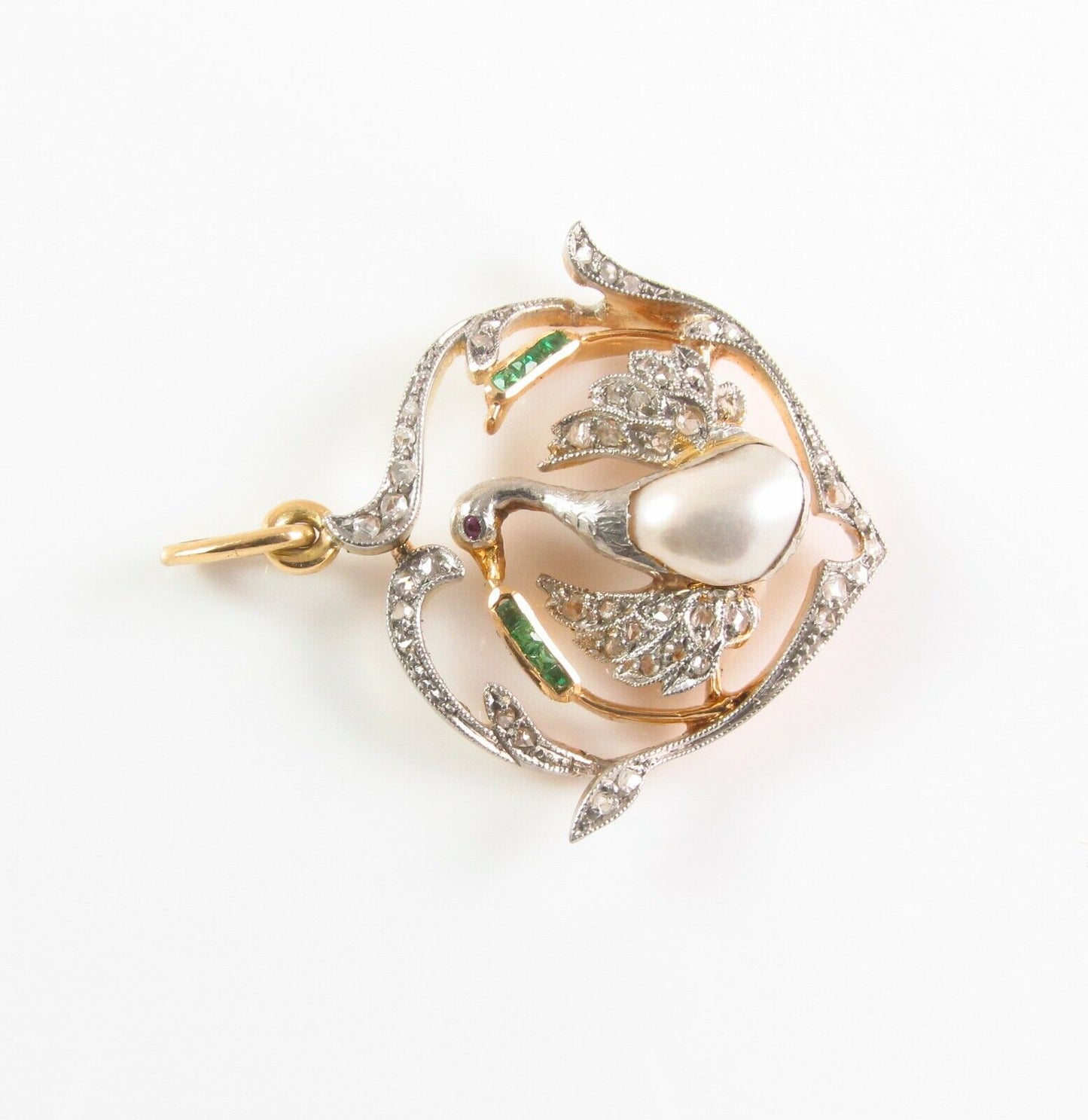 Antique Edwardian 18k Gold Platinum Topped Diamond Emerald & Pearl Swan Pendant