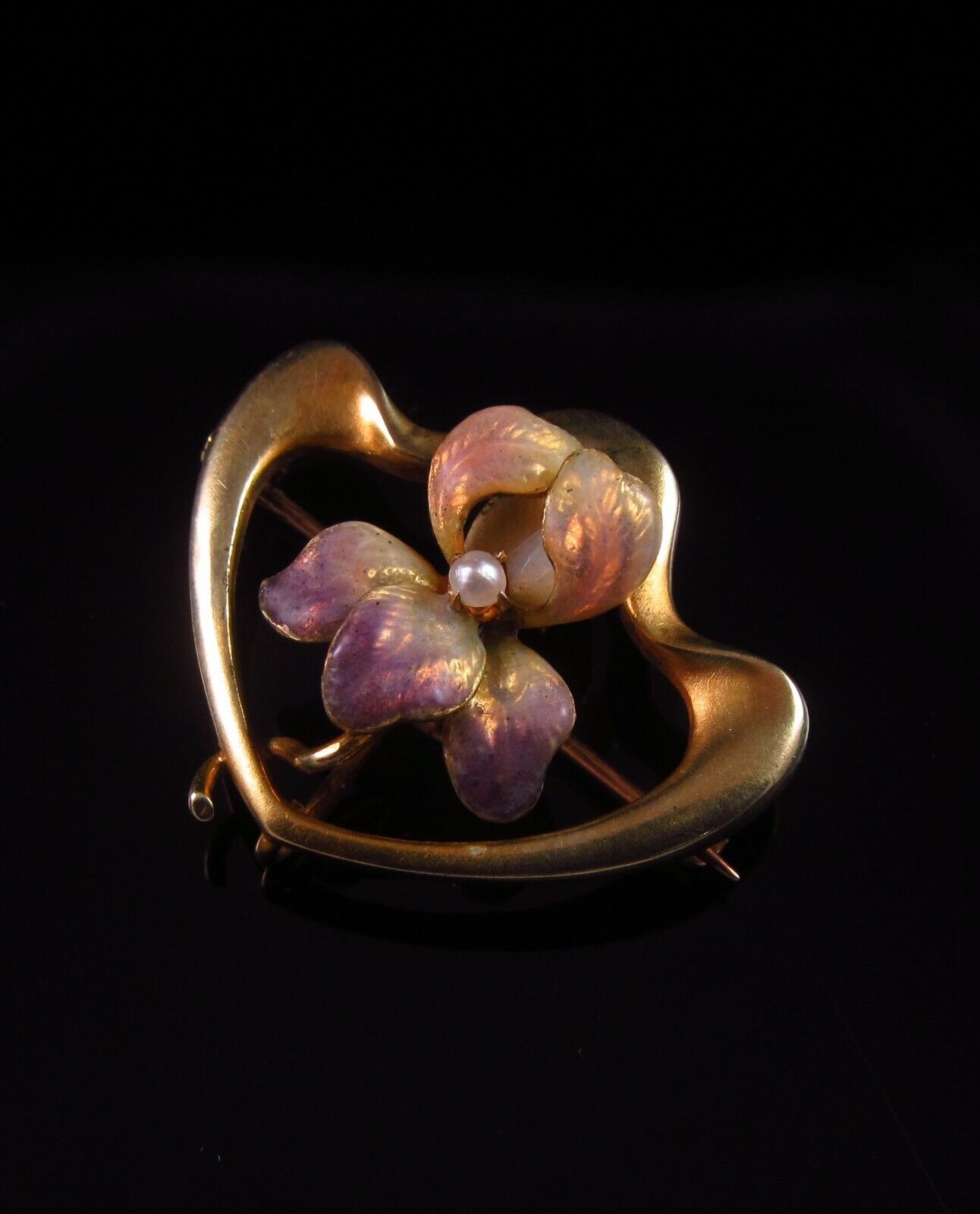 Antique 10k Gold Art Nouveau Enamel & Pearl Iris Flower Brooch Pin