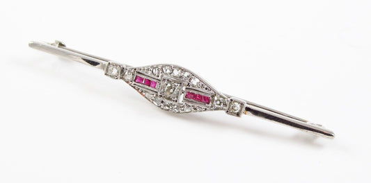 Antique 14k Gold Art Deco Diamond and Ruby Bar Brooch Pin GAL Apprasial