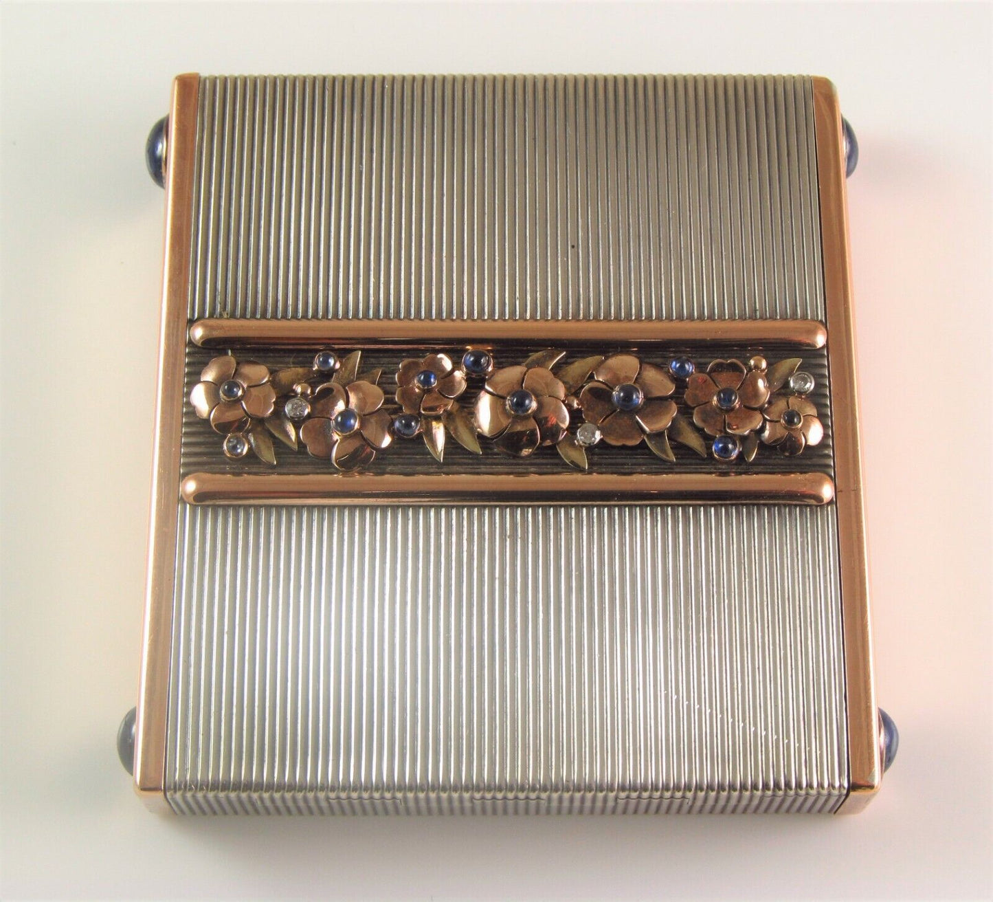 French Art Deco 18K Gold & Silver Sapphire & Diamond Floral Compact By Ostertag