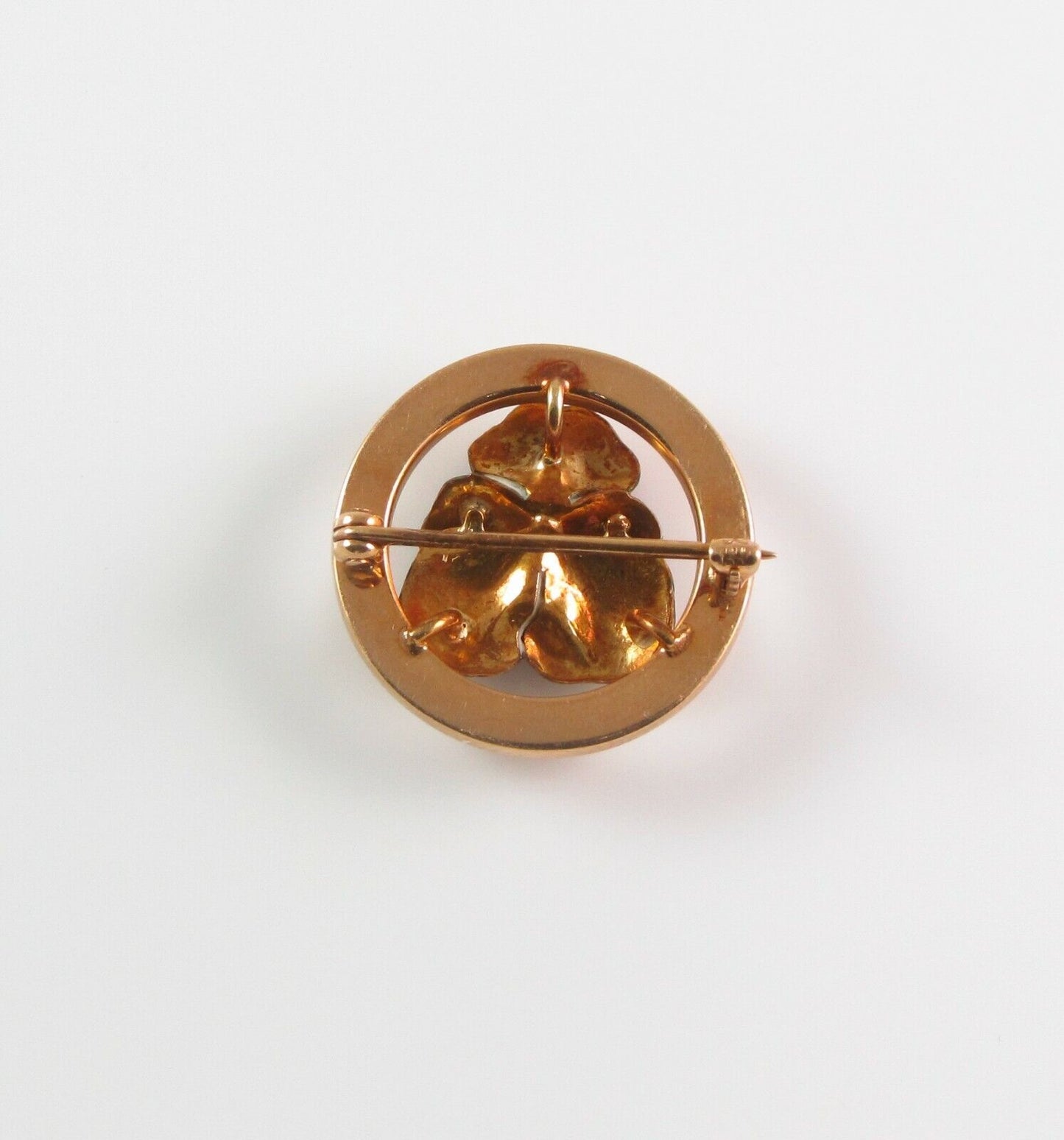 Petite 14k Gold Art Nouveau Krementz Enamel Pansy Pearl Circular Brooch Pin