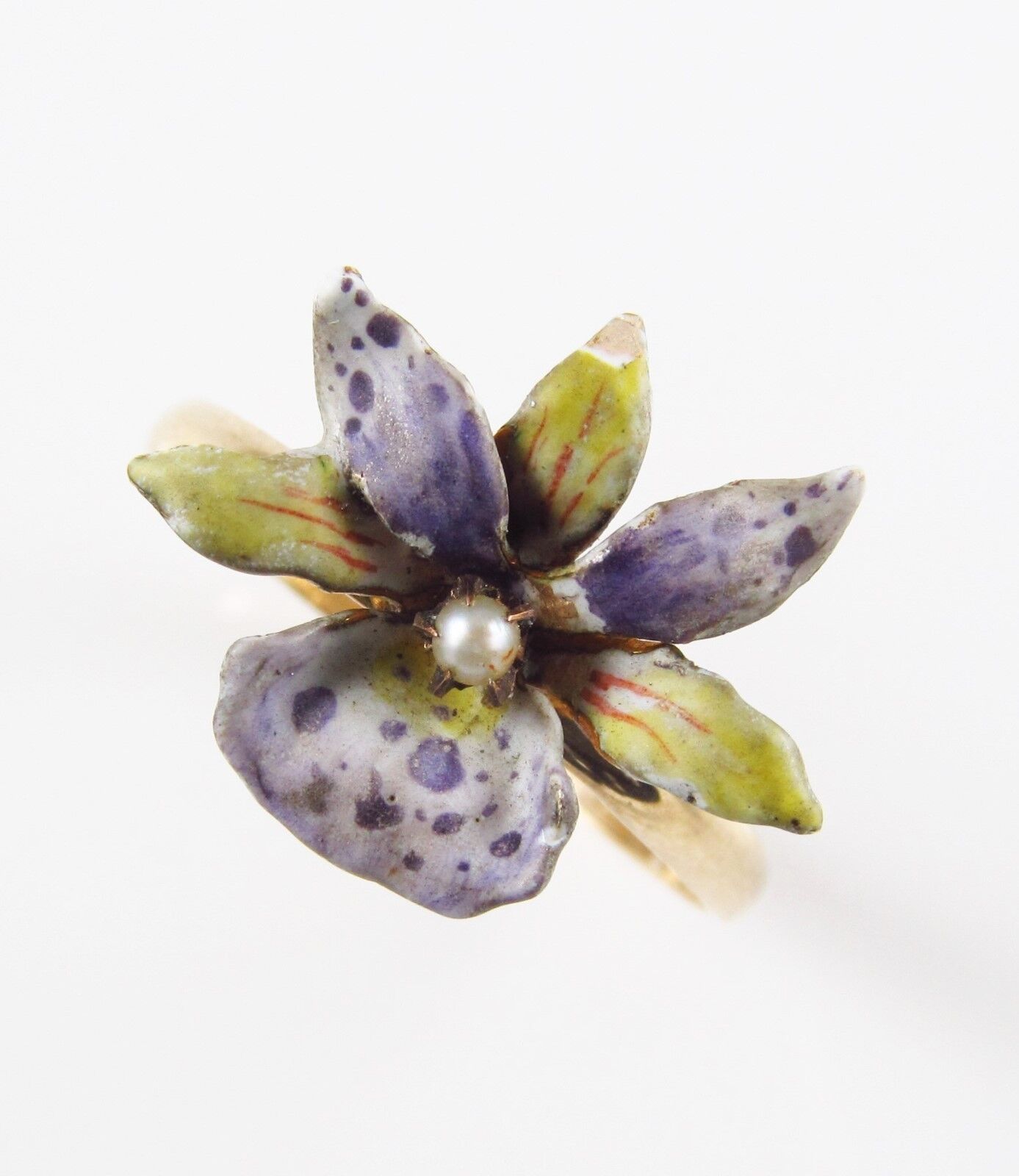 Antique 10k Gold Art Nouveau Enamel & Pearl Blooming Lily Flower Ring Size 7.5