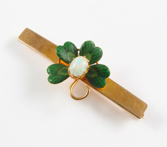 Antique 10k Gold Art Nouveau Edwardian Enamel & Opal Four Leaf Clover Brooch Pin