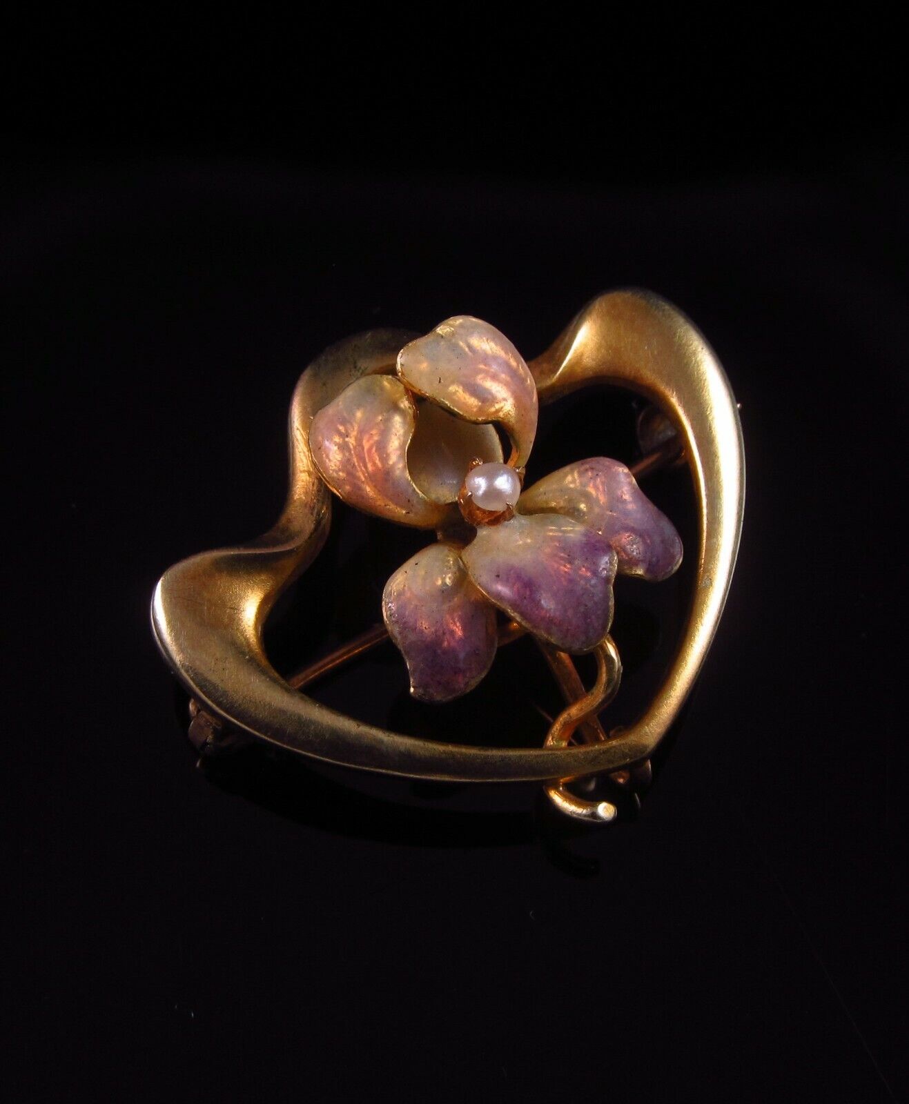 Antique 10k Gold Art Nouveau Enamel & Pearl Iris Flower Brooch Pin