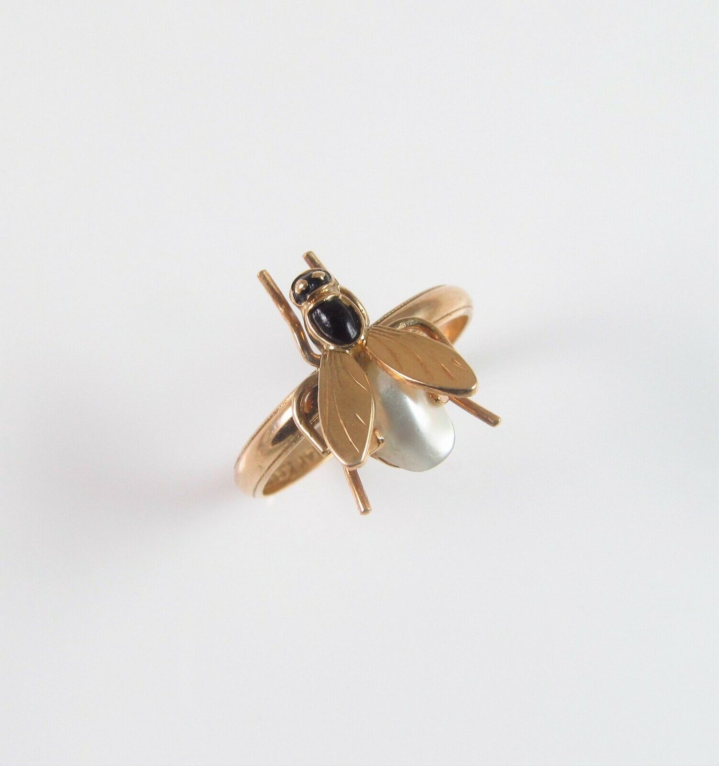 Vintage 14k Gold Enamel Pearl Body Insect Wasp Bee Fly Conversion Ring Size 6.5