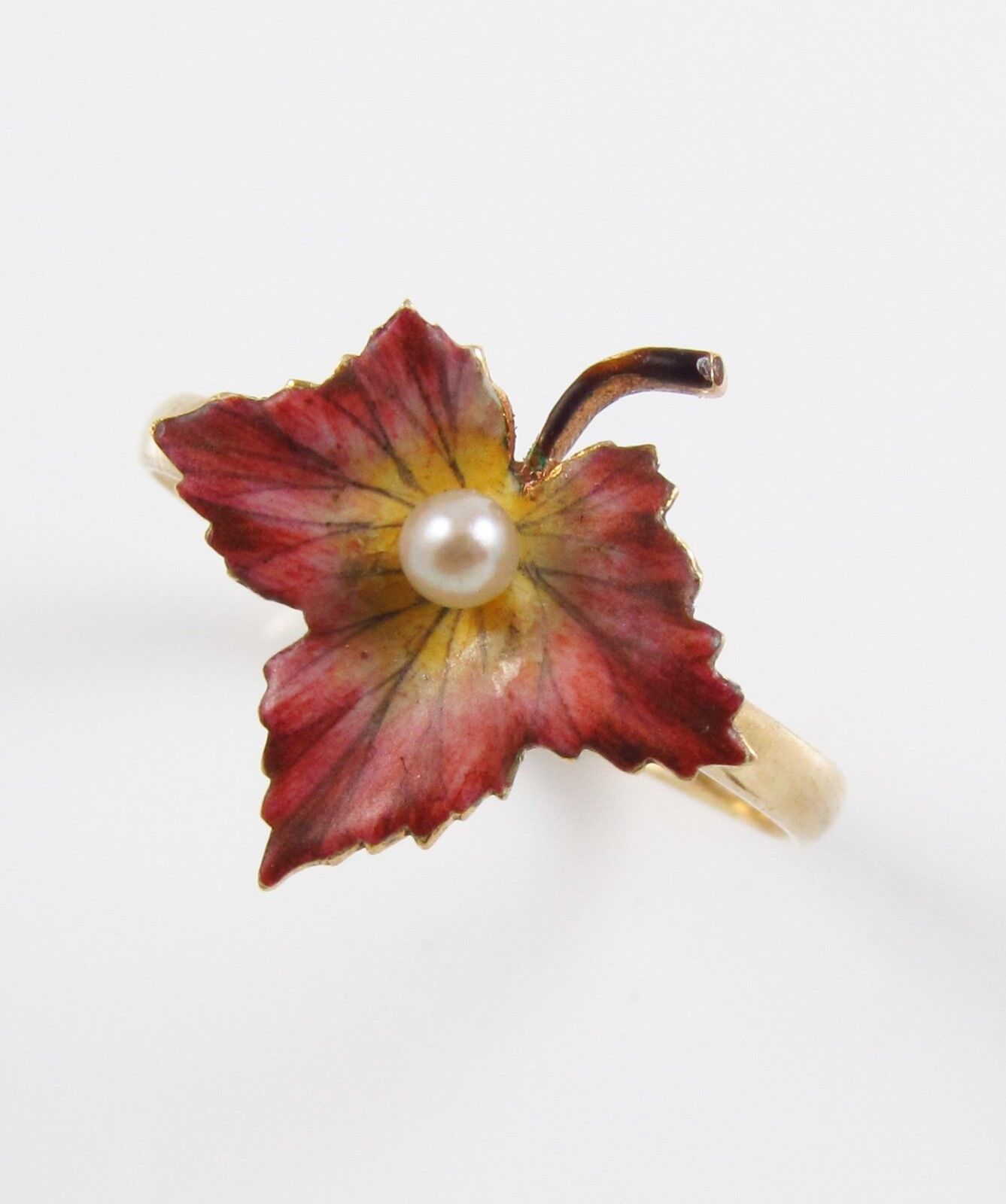 Antique 14k Gold Art Nouveau Victorian Enamel & Pearl Maple Leaf Ring Size 7