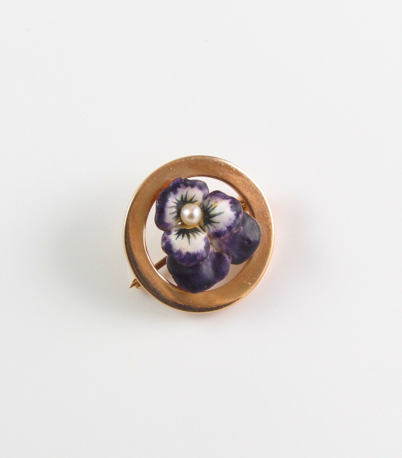 Petite 14k Gold Art Nouveau Krementz Enamel Pansy Pearl Circular Brooch Pin