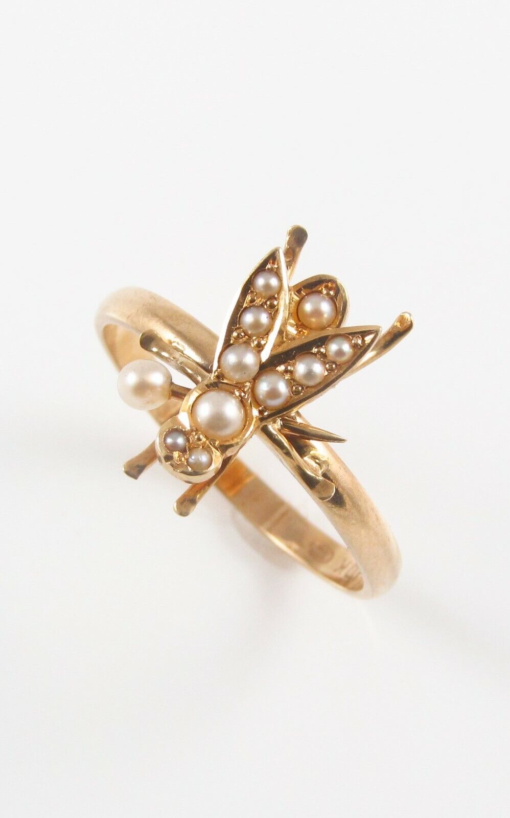 Antique 14K Gold Victorian Edwardian Pearl Fly Insect Conversion Ring Size 8