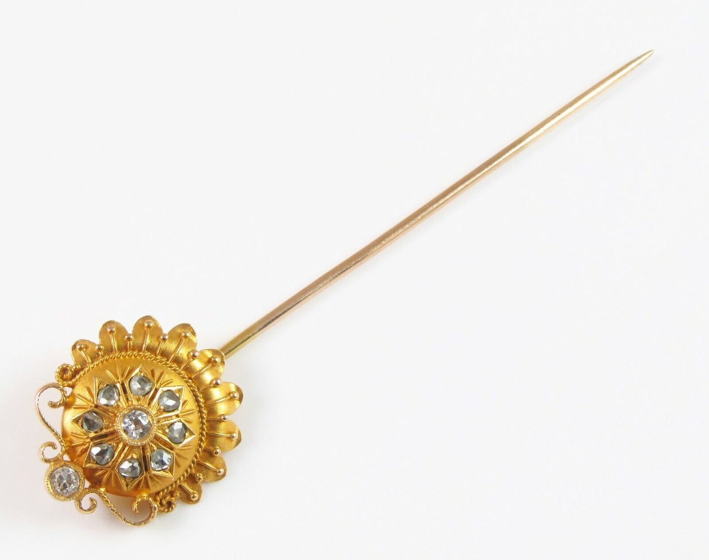 Antique Victorian 18k & 14k Gold & Diamond Etruscan Revival Stick Pin Circa 1870
