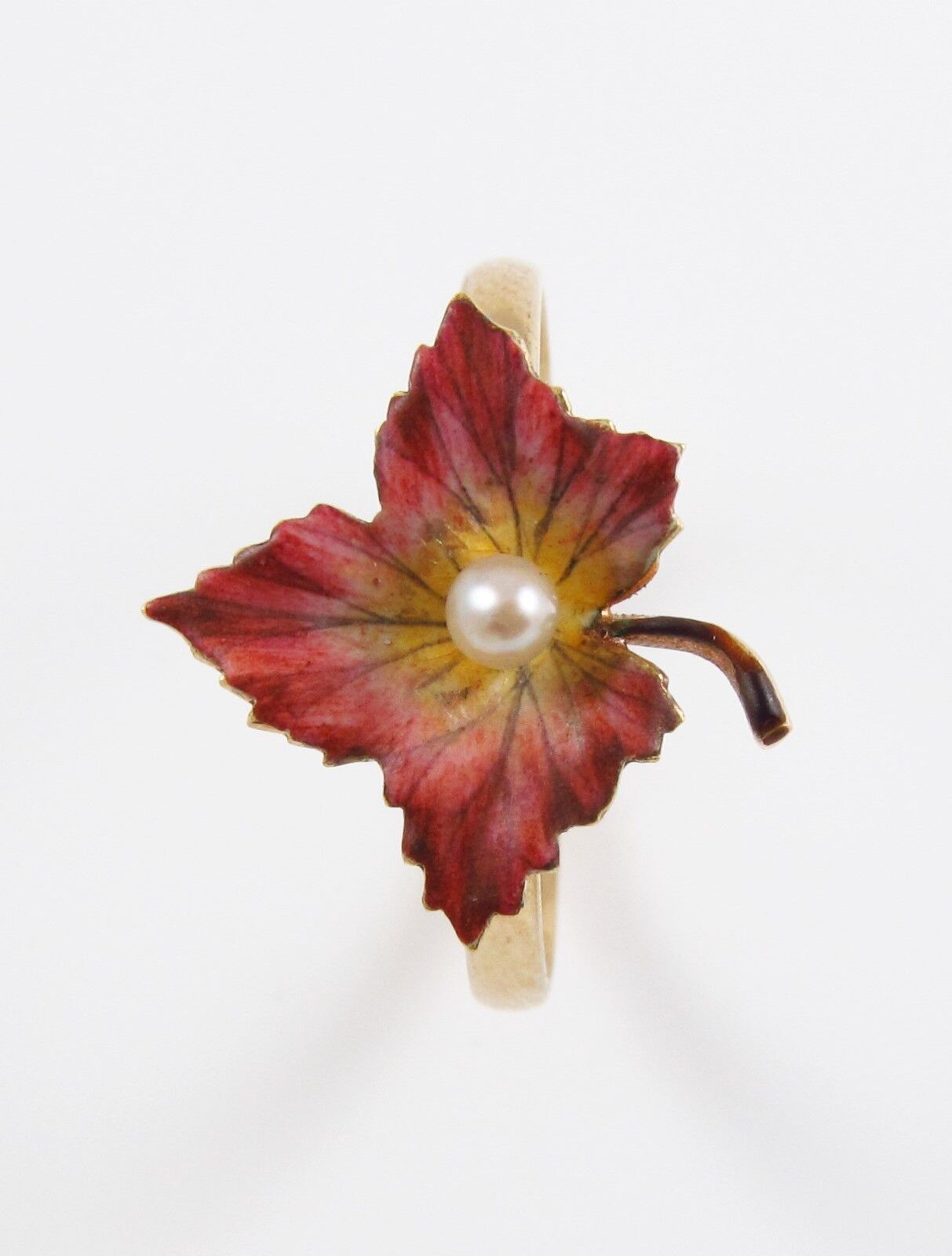 Antique 14k Gold Art Nouveau Victorian Enamel & Pearl Maple Leaf Ring Size 7