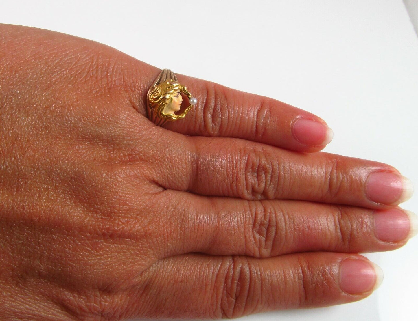 Antique 14k Gold Art Nouveau Enamel & Pearl Maiden Lady Conversion Ring Size 4.5