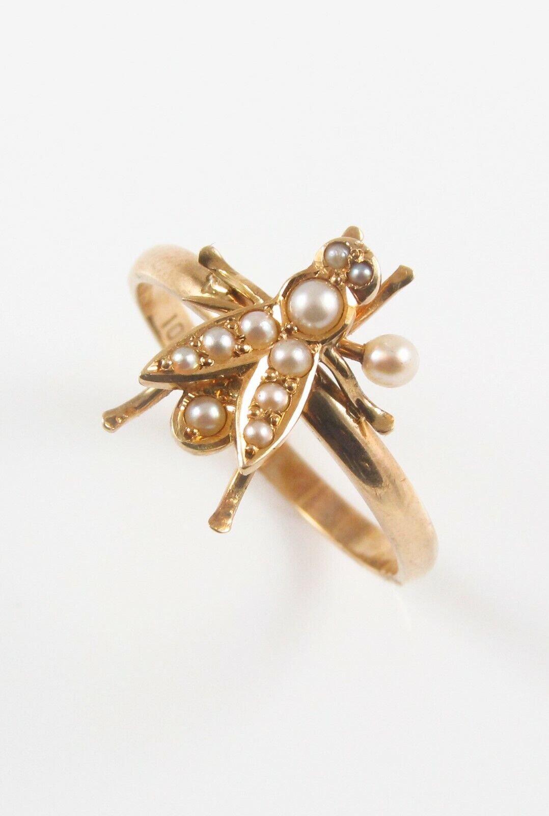 Antique 14K Gold Victorian Edwardian Pearl Fly Insect Conversion Ring Size 8