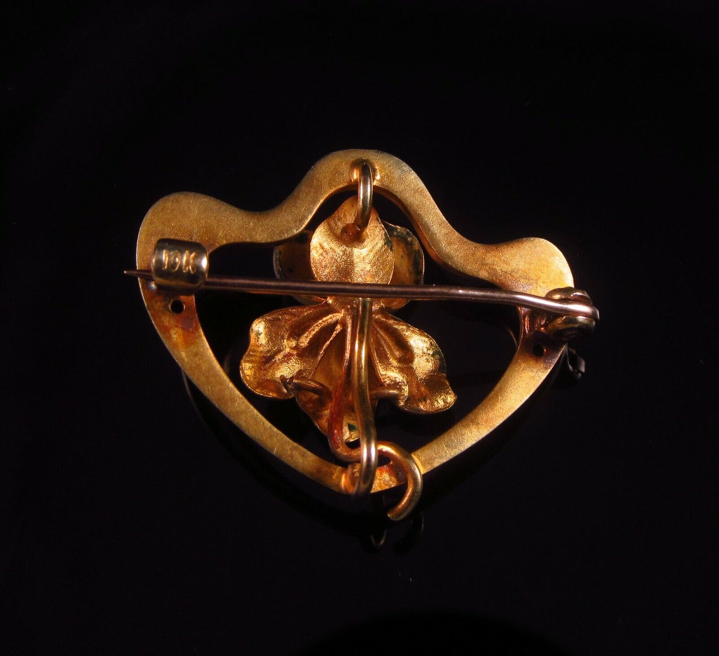 Antique 10k Gold Art Nouveau Enamel & Pearl Iris Flower Brooch Pin