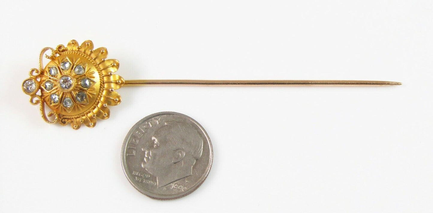 Antique Victorian 18k & 14k Gold & Diamond Etruscan Revival Stick Pin Circa 1870