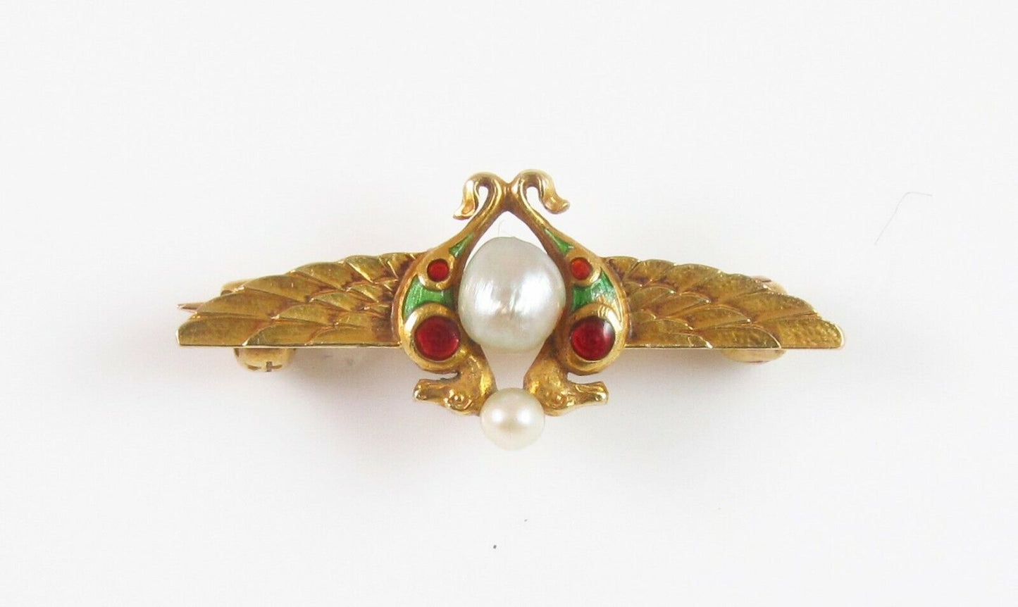 Antique 14k Gold Whiteside & Blank Enamel Egyptian Revival Serpents Brooch Pin