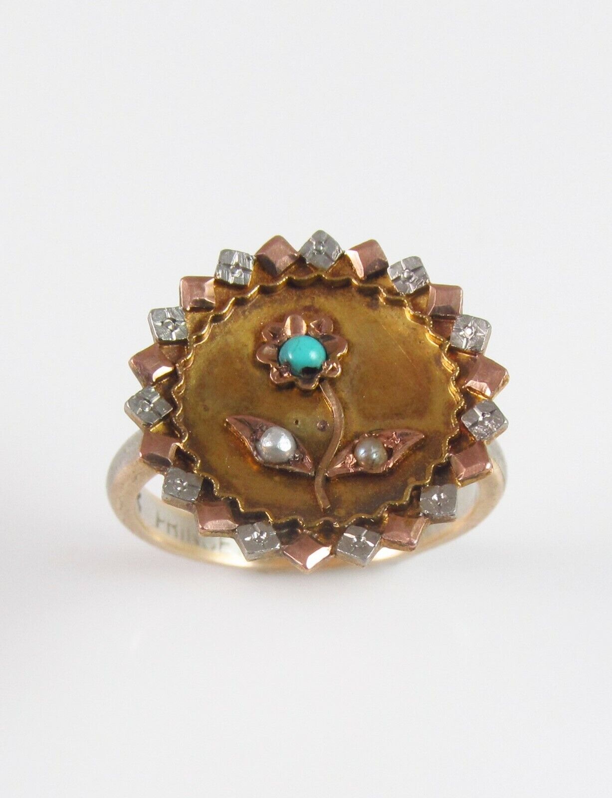 Antique 10K Gold Victorian Turquoise & Pearl Flower Conversion Ring Size 5.75