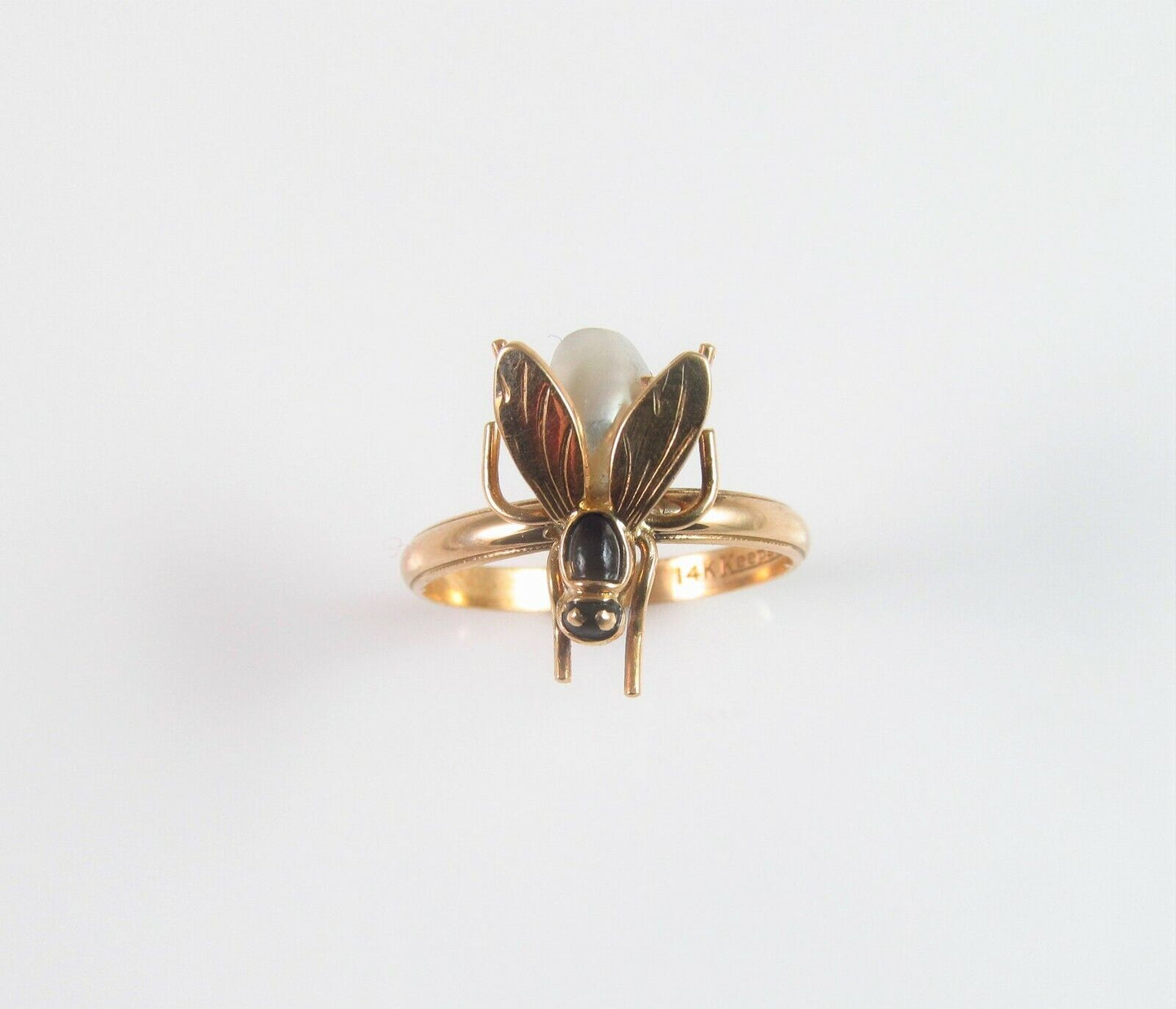 Vintage 14k Gold Enamel Pearl Body Insect Wasp Bee Fly Conversion Ring Size 6.5