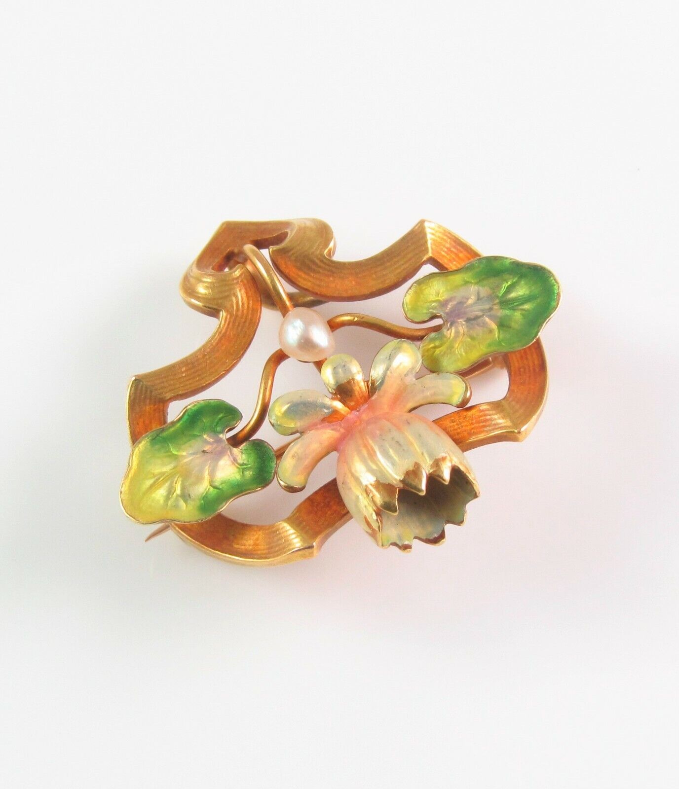 Antique 14k Gold Art Nouveau Whiteside & Blank Enamel Water Lily Brooch Pin