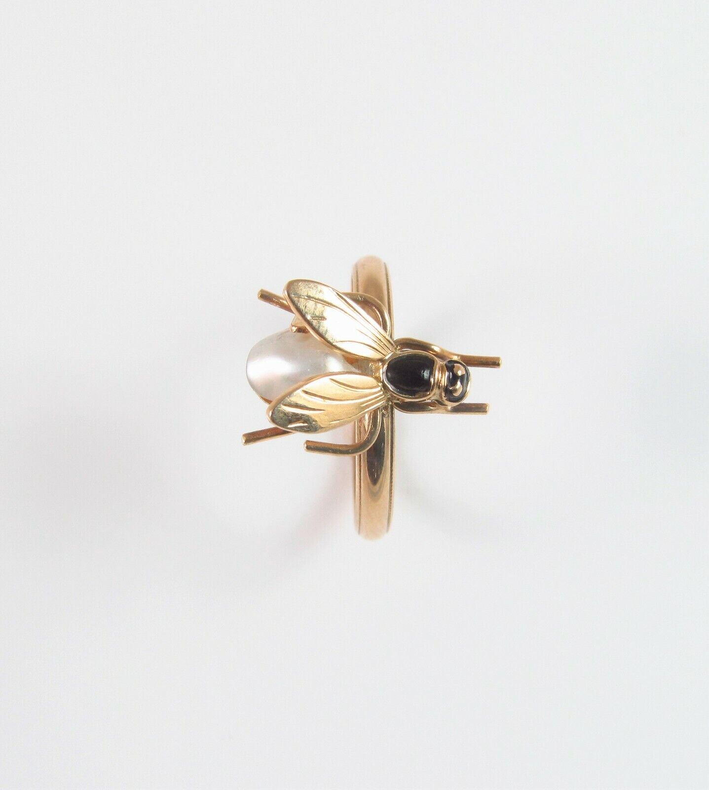 Vintage 14k Gold Enamel Pearl Body Insect Wasp Bee Fly Conversion Ring Size 6.5