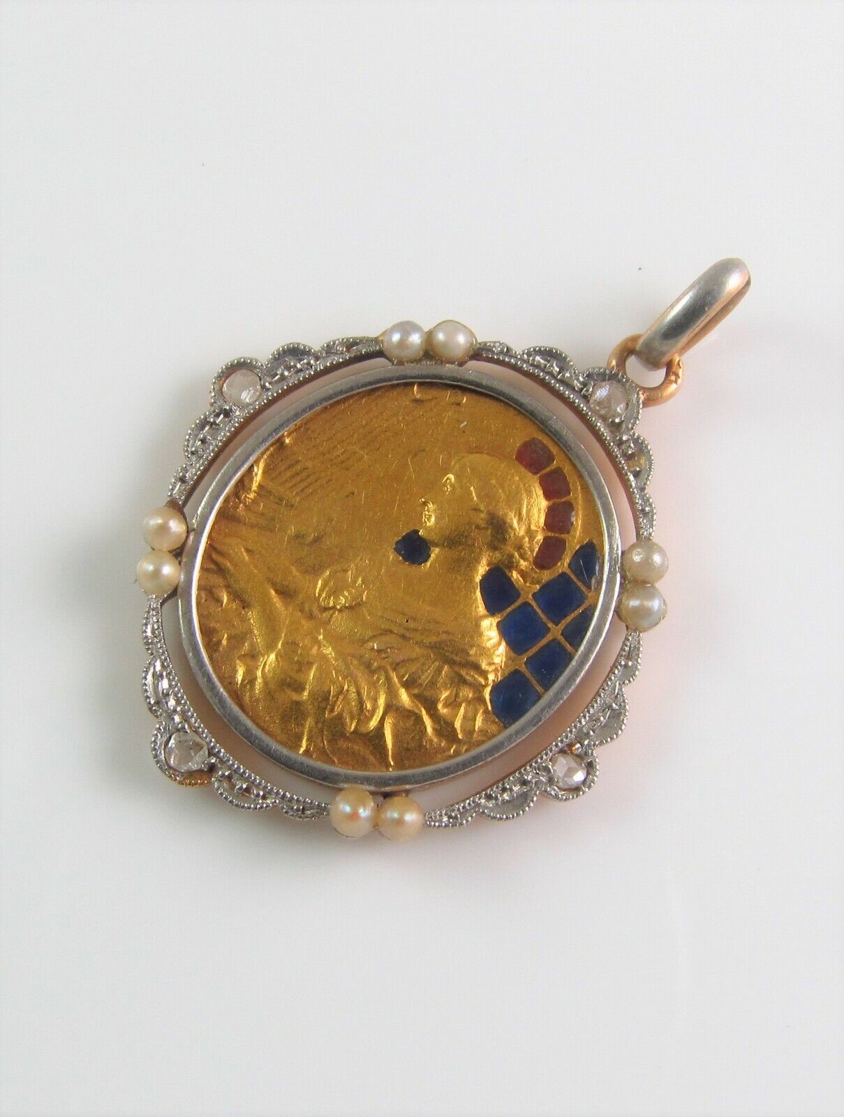 Antique 18K Gold Platinum Plique A Jour Enamel Diamond Pearl St. Cecilia Pendant