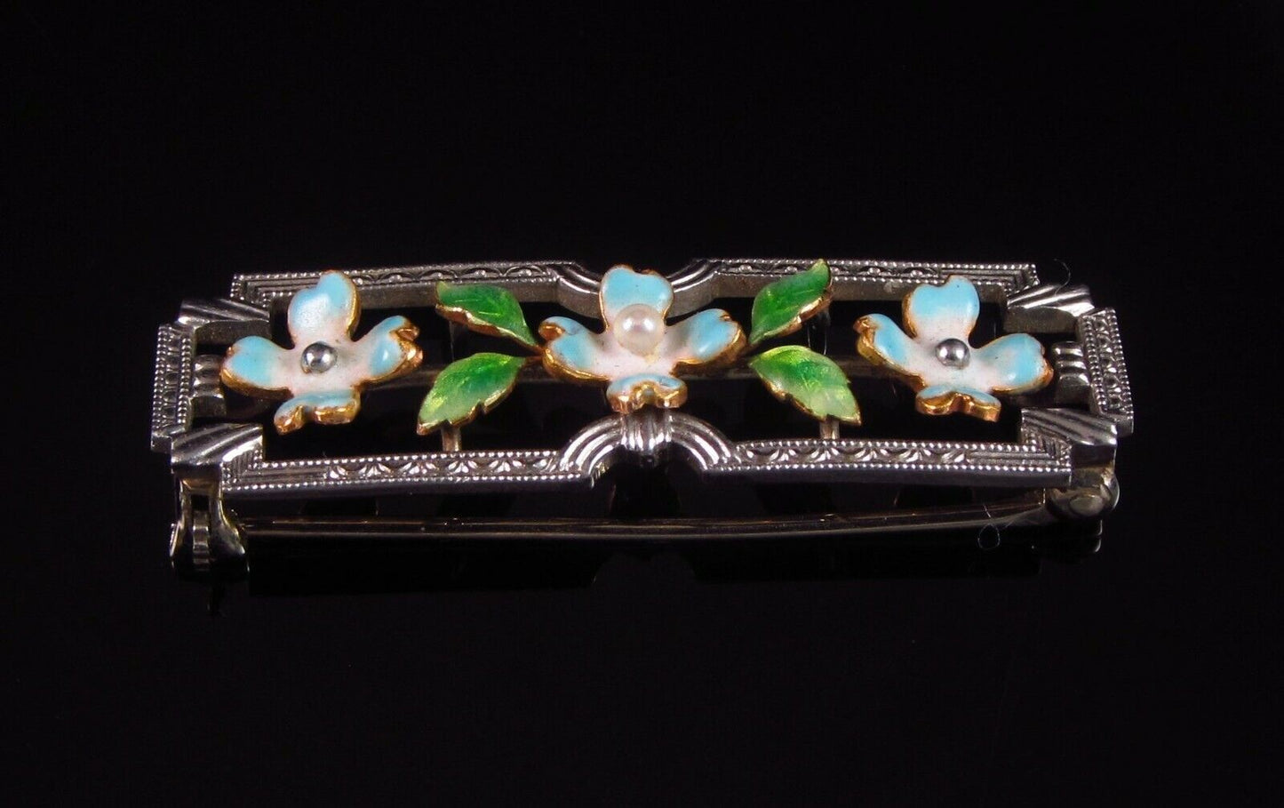 Antique Edwardian 14k Gold & Platinum Krementz Enamel Pearl Flower Brooch Pin