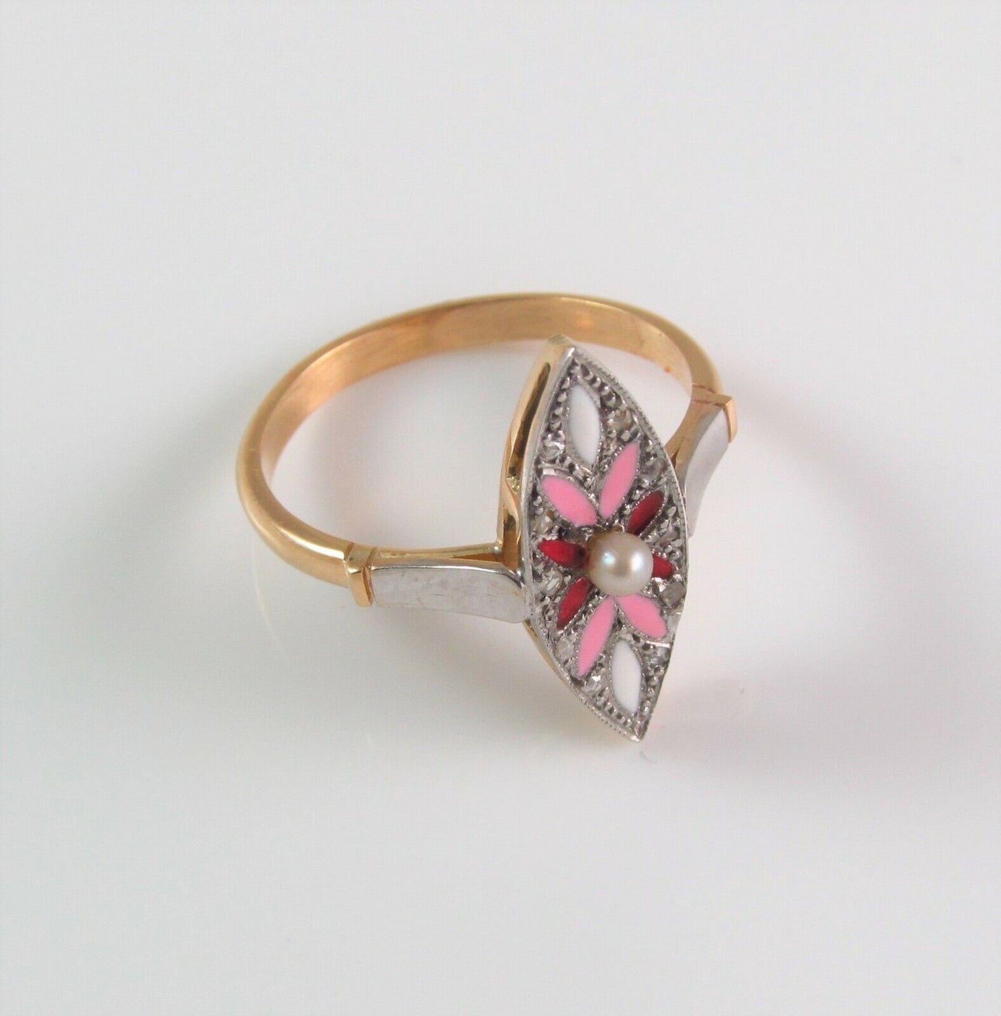 Antique Ladies 18k Gold & Platinum Art Deco Enamel Diamond Navette Ring Size 6.5