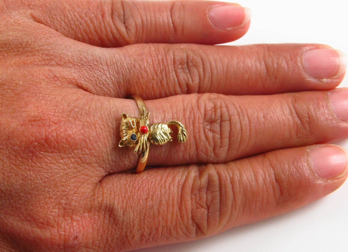 Vintage 14k Yellow Gold Sapphire Eyed & Winking Cat Conversion Ring Size 8.75