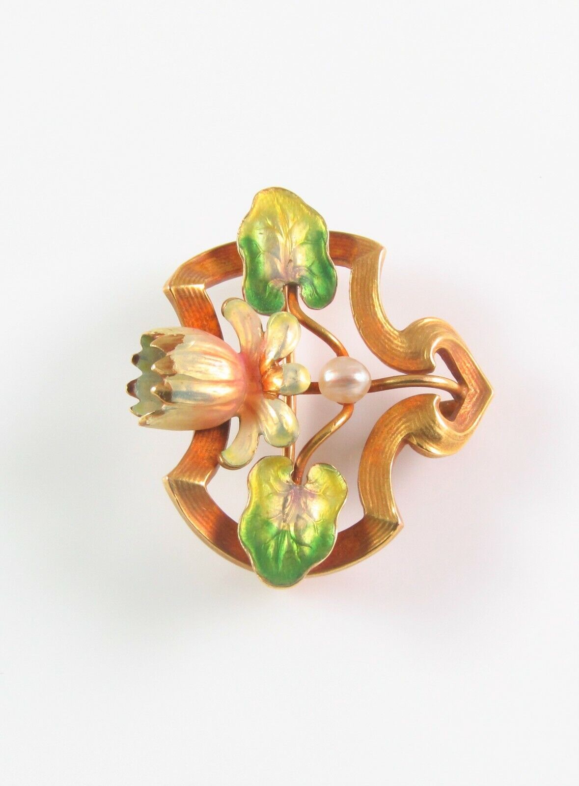 Antique 14k Gold Art Nouveau Whiteside & Blank Enamel Water Lily Brooch Pin