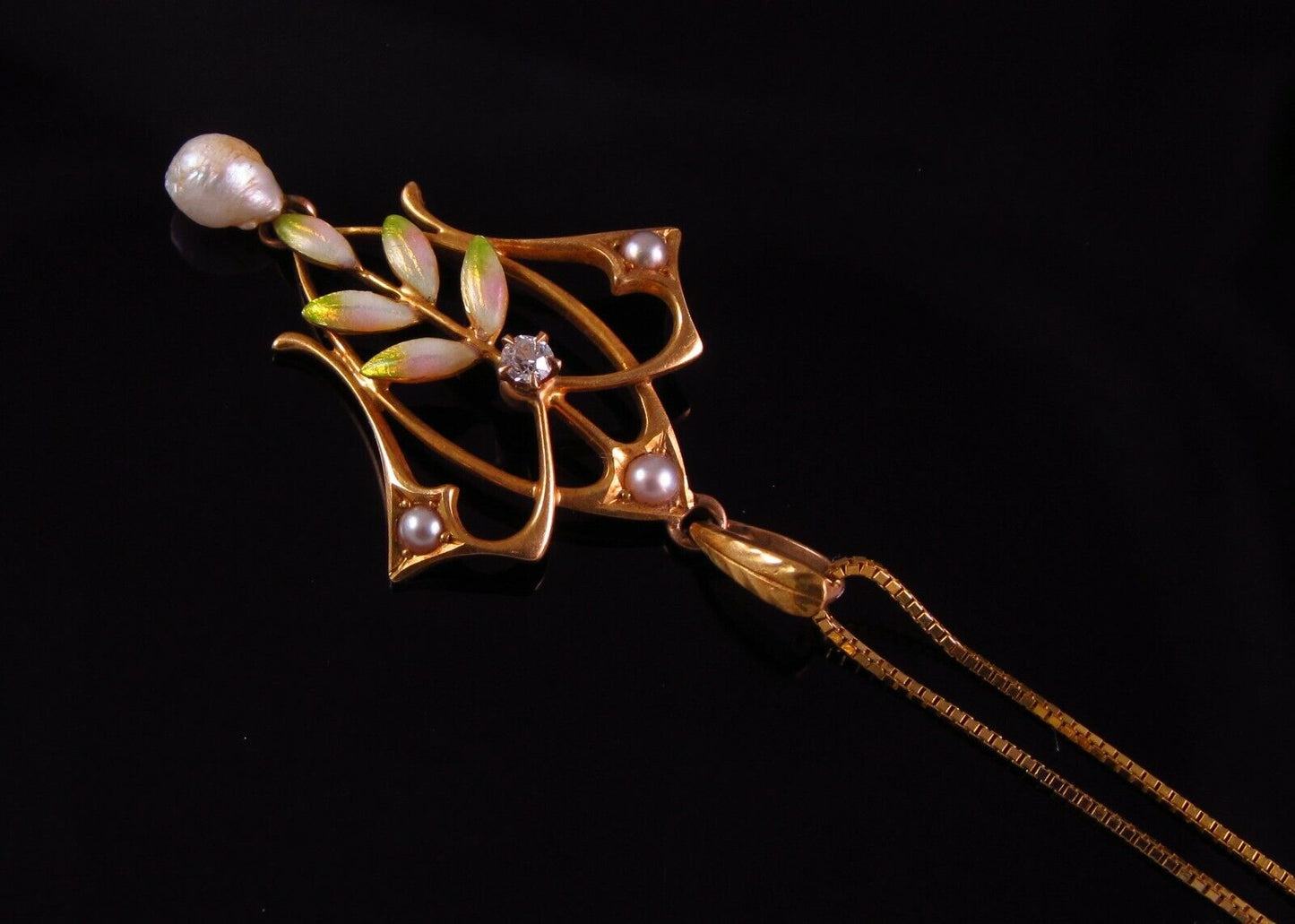 Art Nouveau 14k Gold Enamel Diamond Pearl Pendant Necklace By Krementz & Company