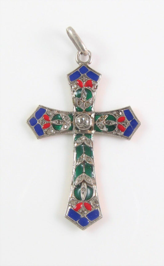 Antique 18K Gold & Platinum Plique A Jour Enamel Diamond Religious Cross Pendant