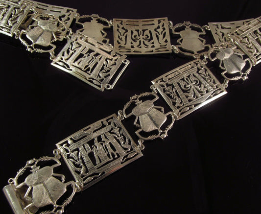 1920's Art Deco 800 Silver Egyptian Revival Scarab Beetle Panel Belt 170 Grams