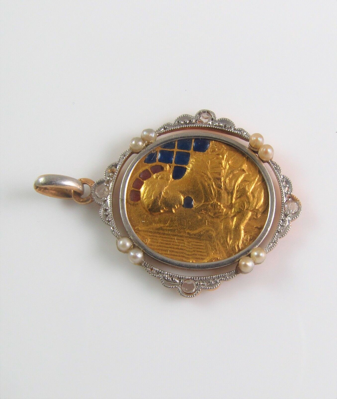 Antique 18K Gold Platinum Plique A Jour Enamel Diamond Pearl St. Cecilia Pendant